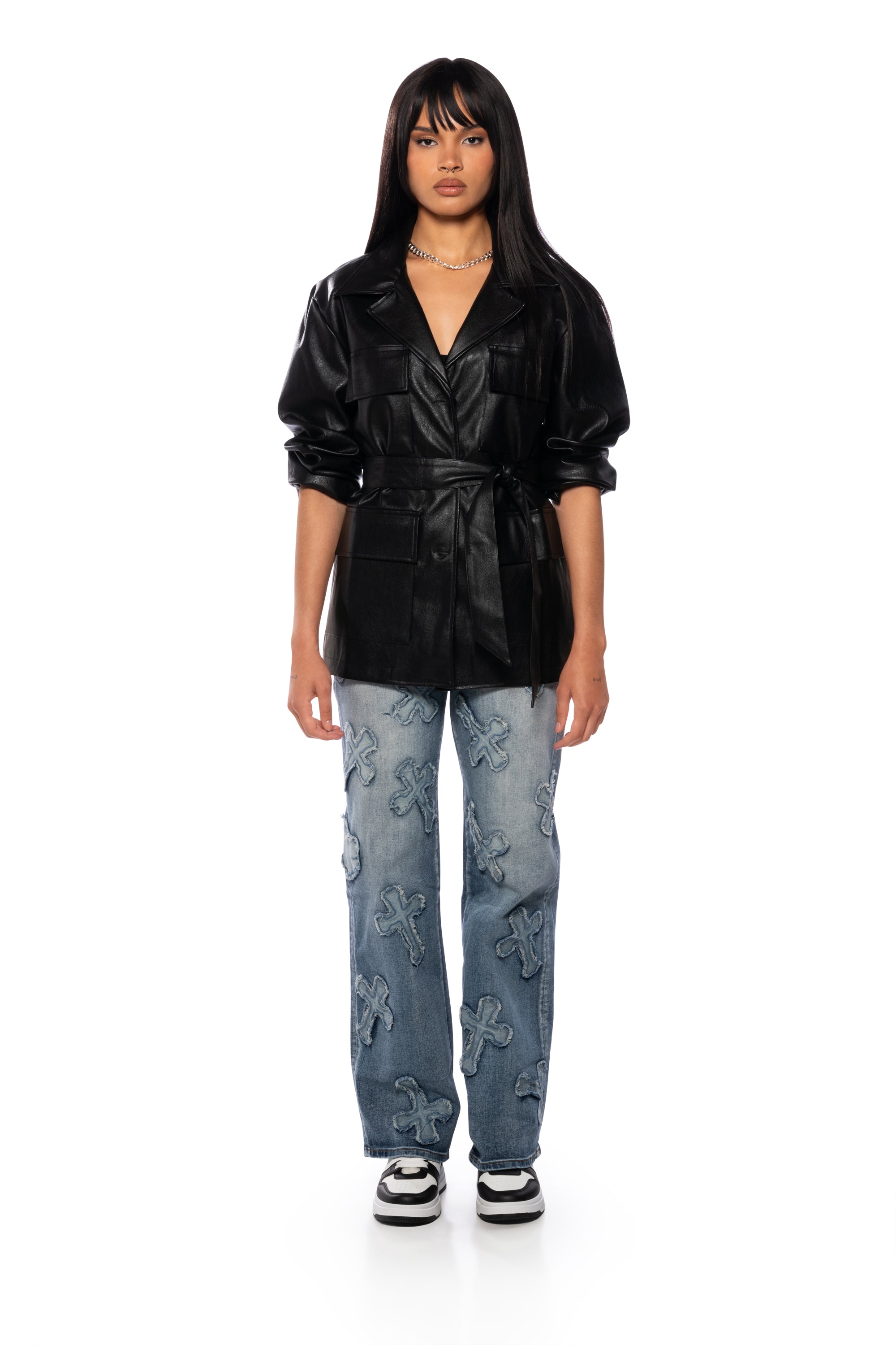Extra View Higher Love Tie Front Faux Leather Jacket In Black