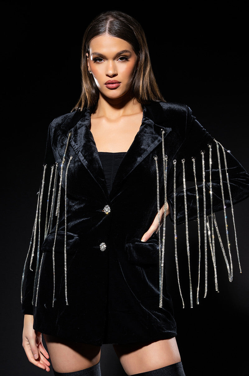 Front View Highest Bidder Rhinestone Fringe Velvet Blazer 0