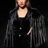 Front View Highest Bidder Rhinestone Fringe Velvet Blazer