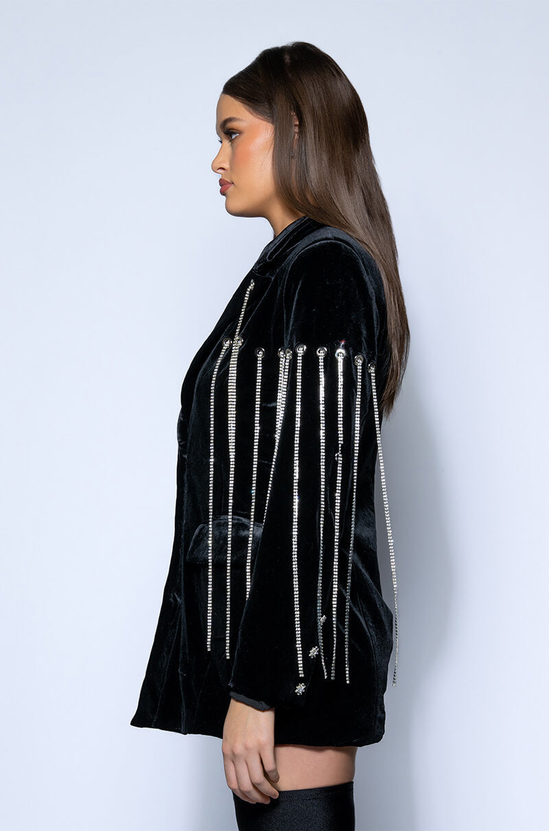 Extra View Highest Bidder Rhinestone Fringe Velvet Blazer 5