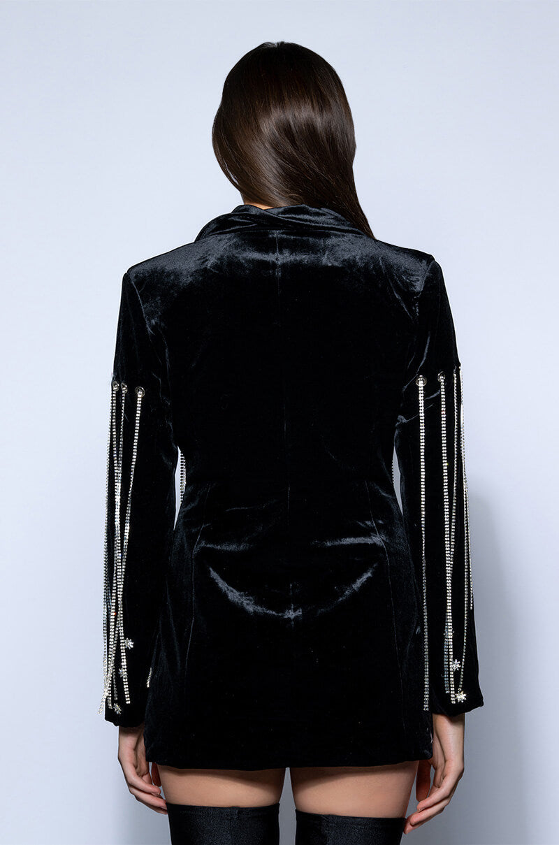 Extra View Highest Bidder Rhinestone Fringe Velvet Blazer 6
