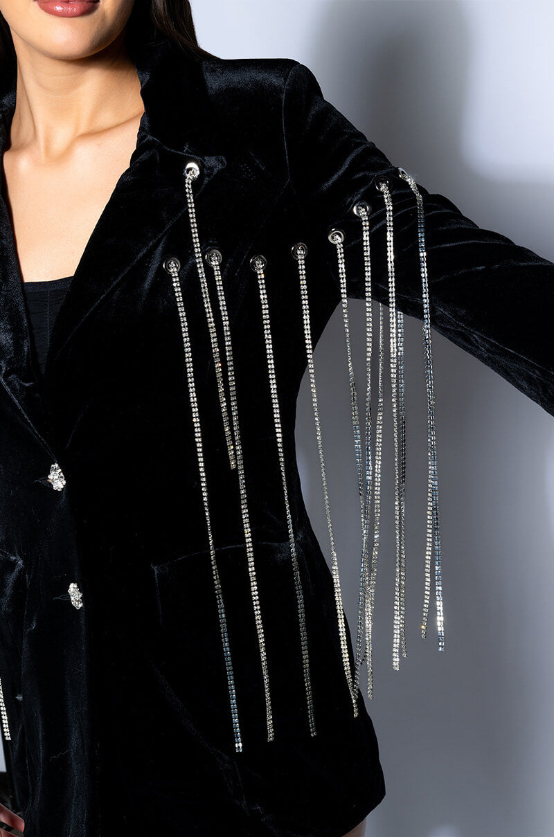 Extra View Highest Bidder Rhinestone Fringe Velvet Blazer 7