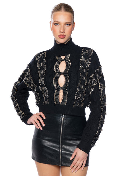 HIS LOSS SAFETY PIN DETAIL CROPPED SWEATER – AKIRA
