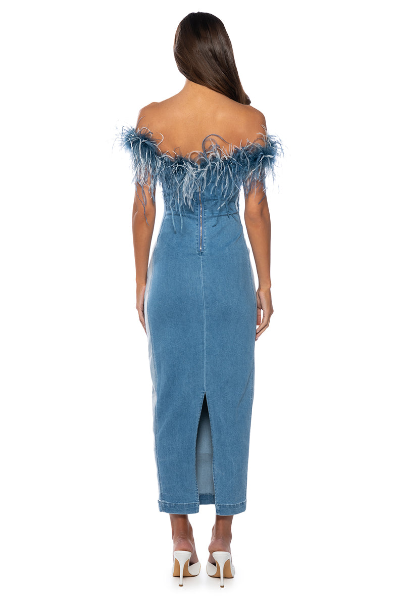 HIT THE TOWN FEATHER TRIM DENIM MAXI DRESS – AKIRA