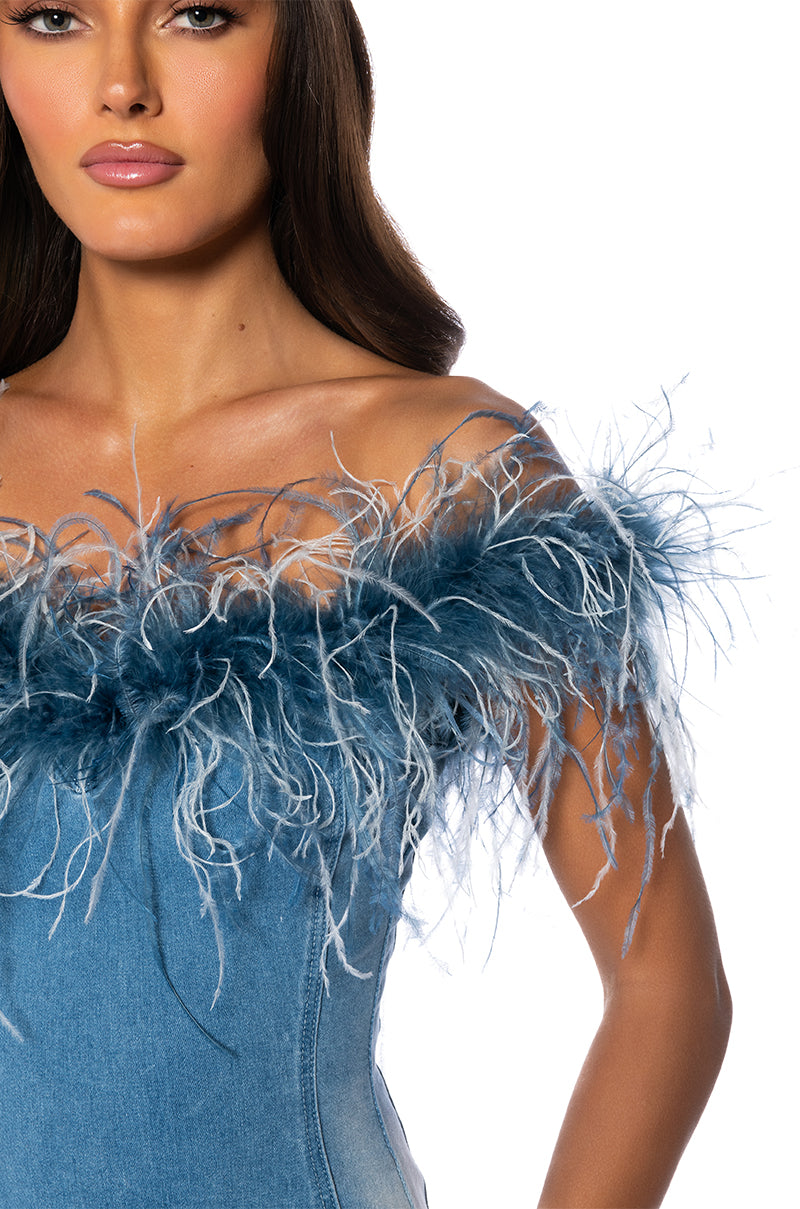 Extra View Hit The Town Feather Trim Denim Maxi Dress 17