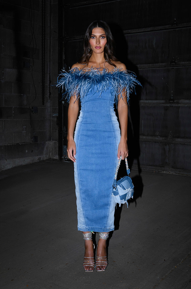 HIT THE TOWN FEATHER TRIM DENIM MAXI DRESS – AKIRA