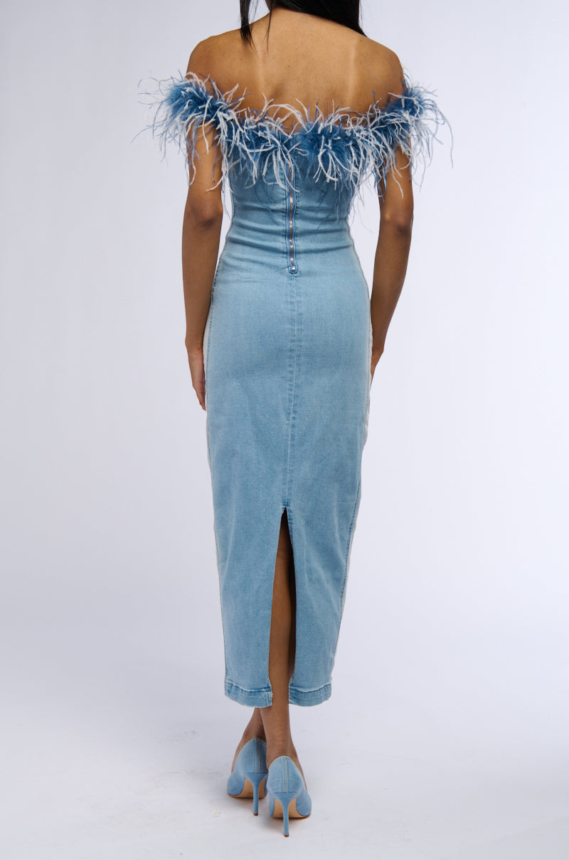 Full View Hit The Town Feather Trim Denim Maxi Dress 4
