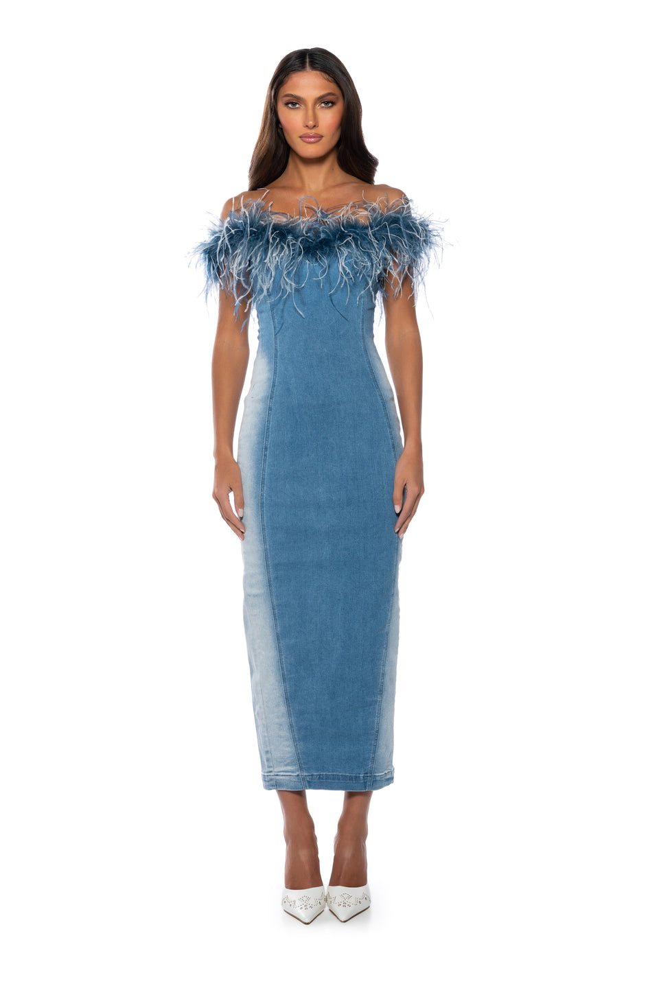 denim dress with feathers DIY Denim Dress With Feather Trim