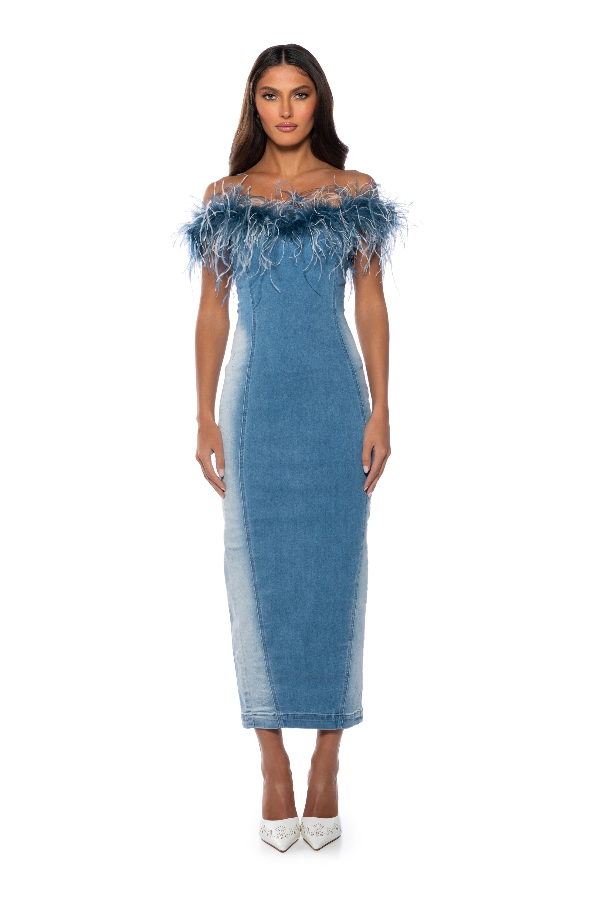 Extra View Hit The Town Feather Trim Denim Maxi Dress 11