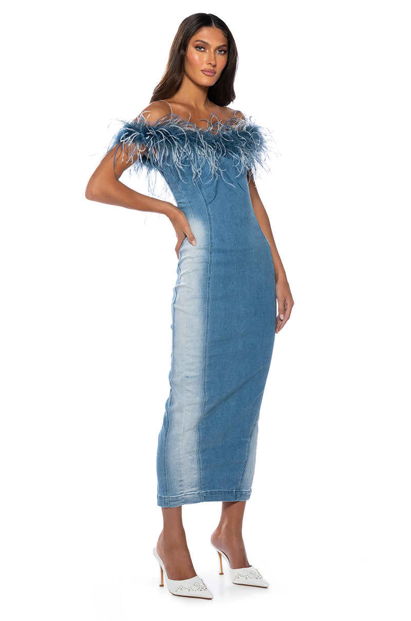 Extra View Hit The Town Feather Trim Denim Maxi Dress 12