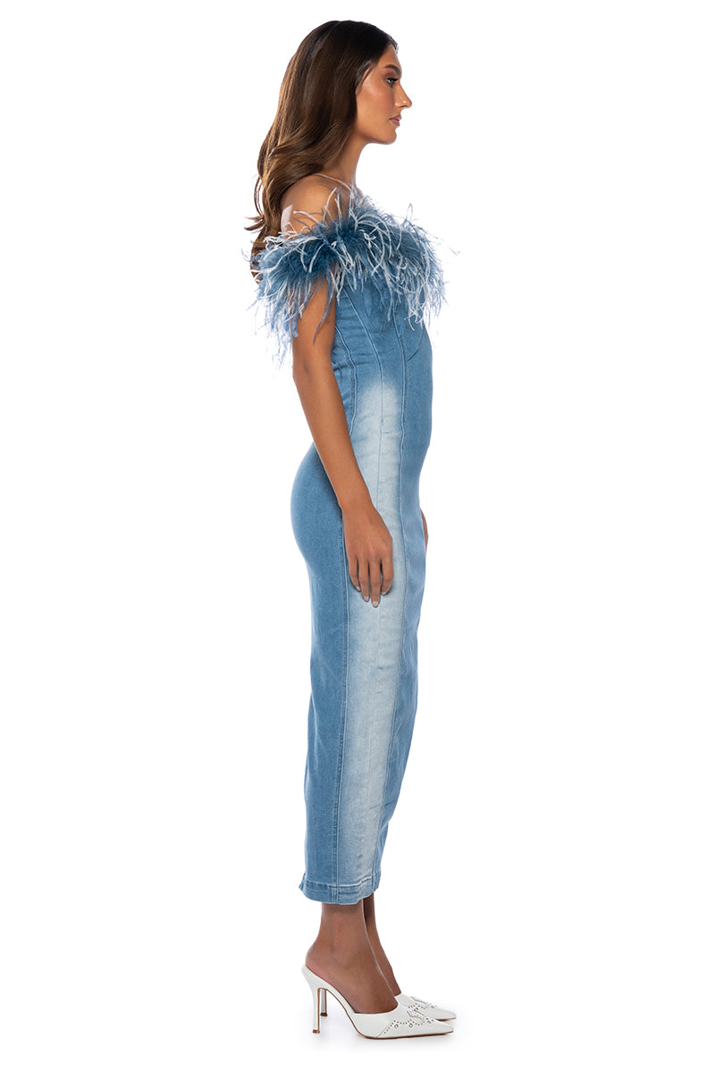 Extra View Hit The Town Feather Trim Denim Maxi Dress 13