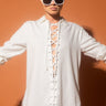 Front View Hold That Thought Oversized Front And Back Lace Up Blouse in White