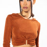 Front View Hold Up Slinky Long Sleeve Crop Top