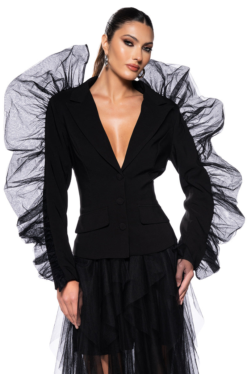 Front View Holiday Cheer Tulle Embellished Blazer