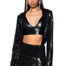 Front View Holiday Season Sequin Cover Jacket In Black