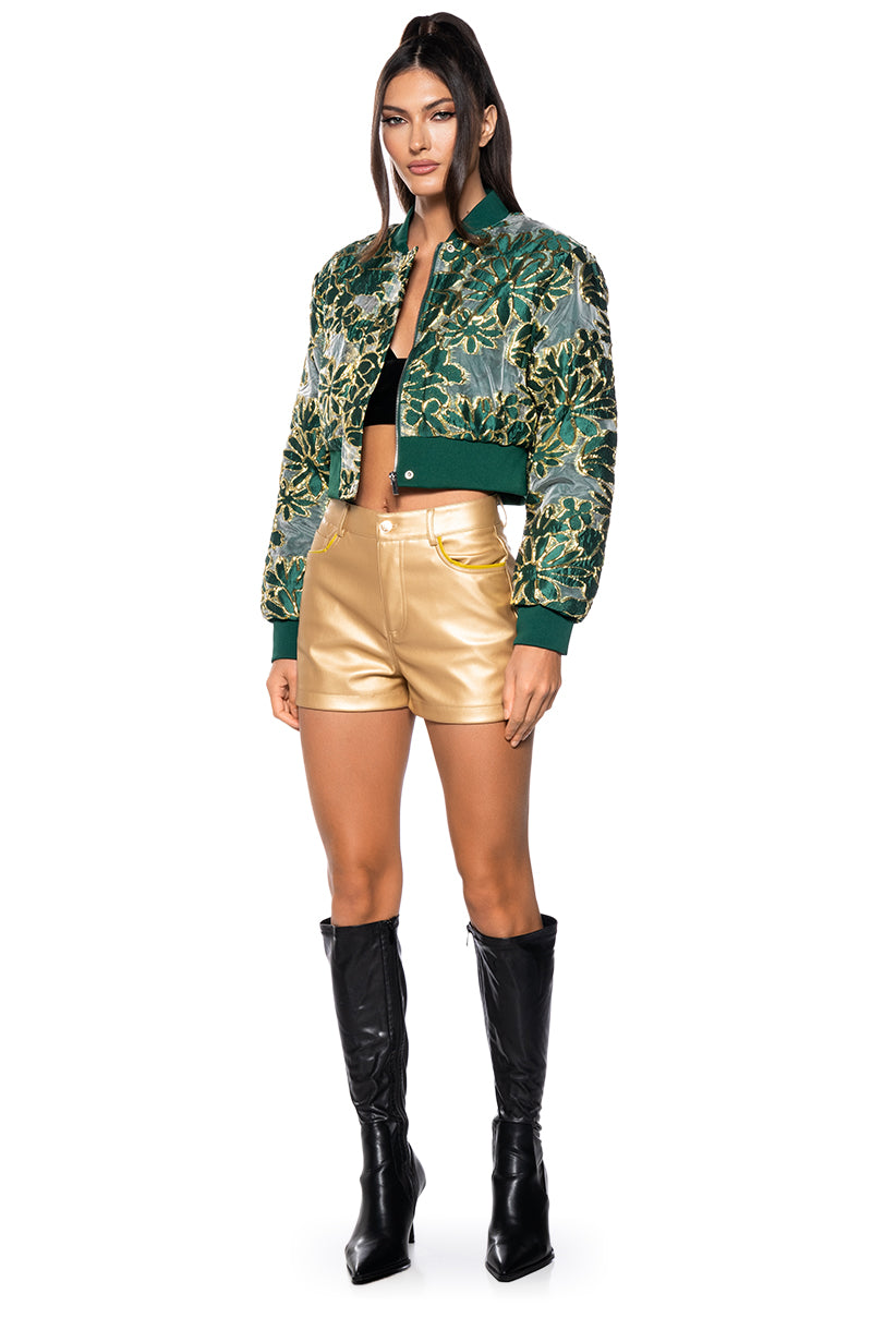 Detail View Holiday Tapestry Bomber With Sheer Brocade