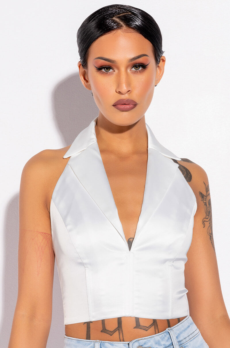 Front View Holler Back Collared Halter Satin Blouse