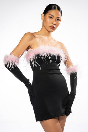 HOLLY FEATHER DETAIL STRAPLESS BODYCON DRESS WITH GLOVES – AKIRA