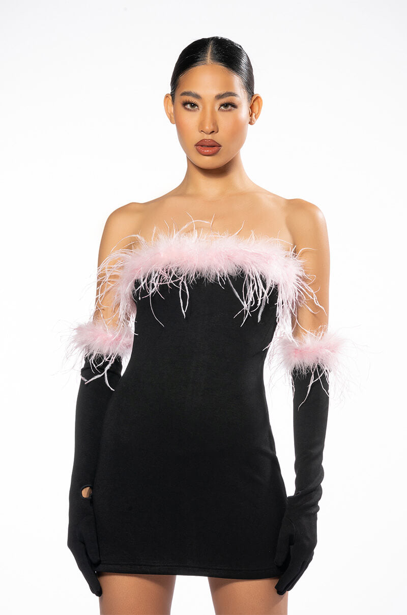 Back View Holly Feather Detail Strapless Bodycon Mini Dress With Gloves