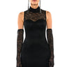 Front View Holly Stretch Lace Feather Trim Mini Dress With Gloves