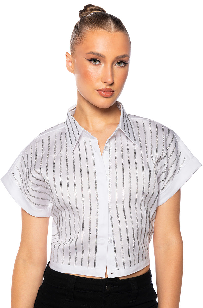 Front View Hollywood Blvd Rhinestone Stripe Cropped Button Down