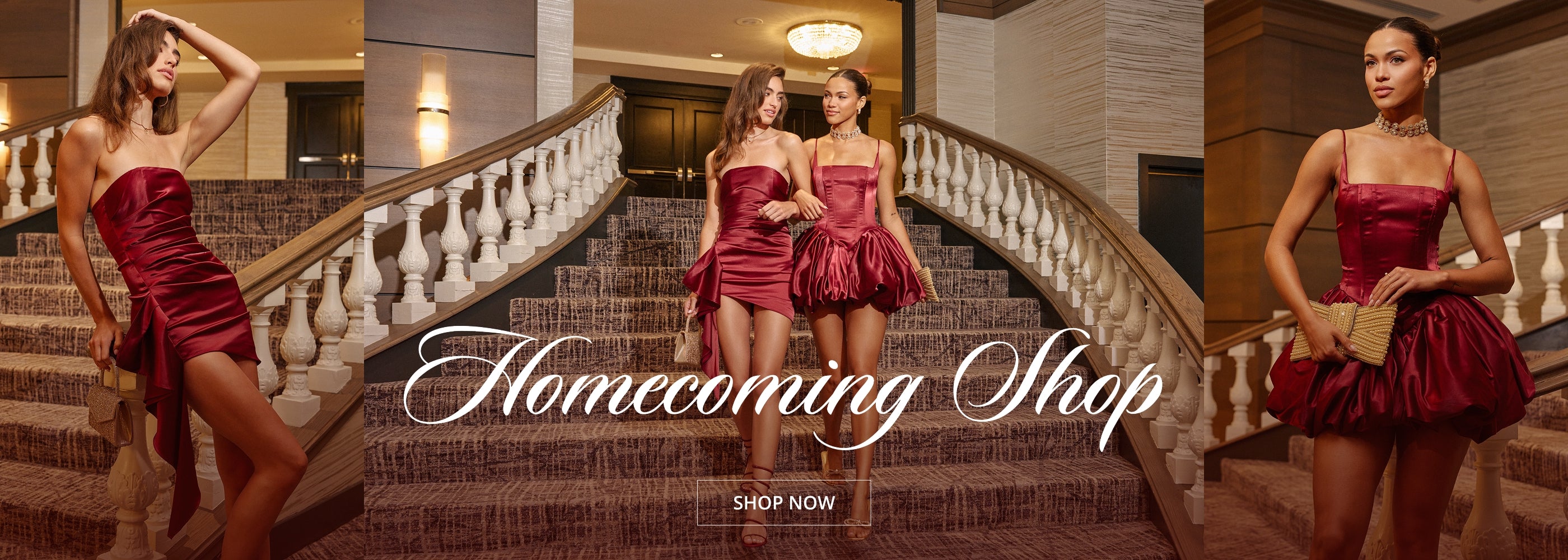 A promotional banner featuring three views of a woman wearing a strapless burgundy homecoming dress in an elegant indoor staircase setting, with the text 'Homecoming Shop' and 'SHOP NOW' overlaid.