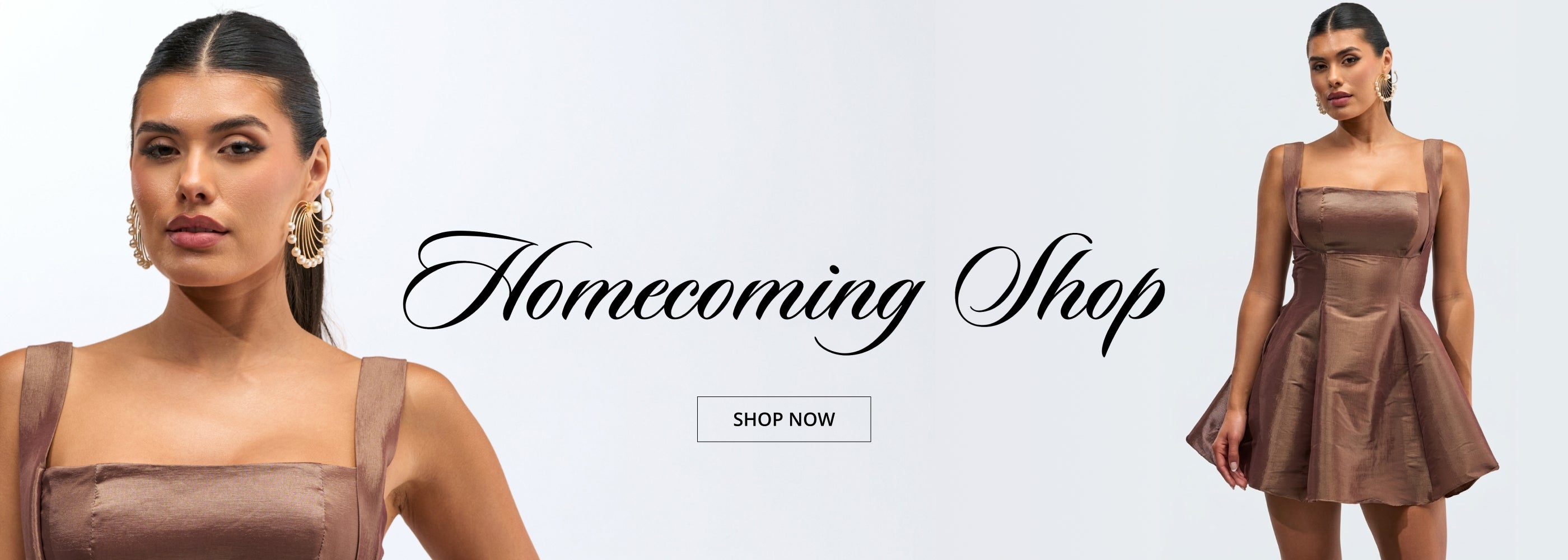 A promotional banner featuring a model in a bronze strapless mini dress on the left and a full-length view of the same dress on the right, with the text 'Homecoming Shop' and a 'SHOP NOW' button on a light gray background.