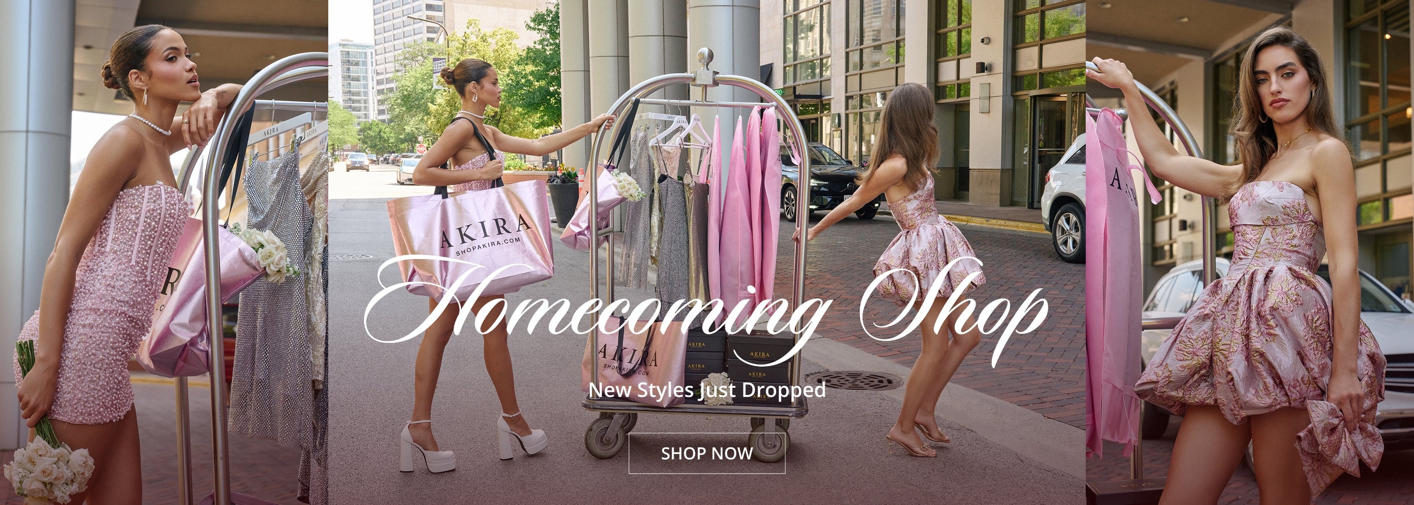 A four-panel promotional collage showing a woman in a pink strapless dress posing with pink garments on a clothing rack in an outdoor urban setting. Large text reads 'Homecoming Shop' with smaller text 'New Styles Just Dropped' and a 'SHOP NOW' button.