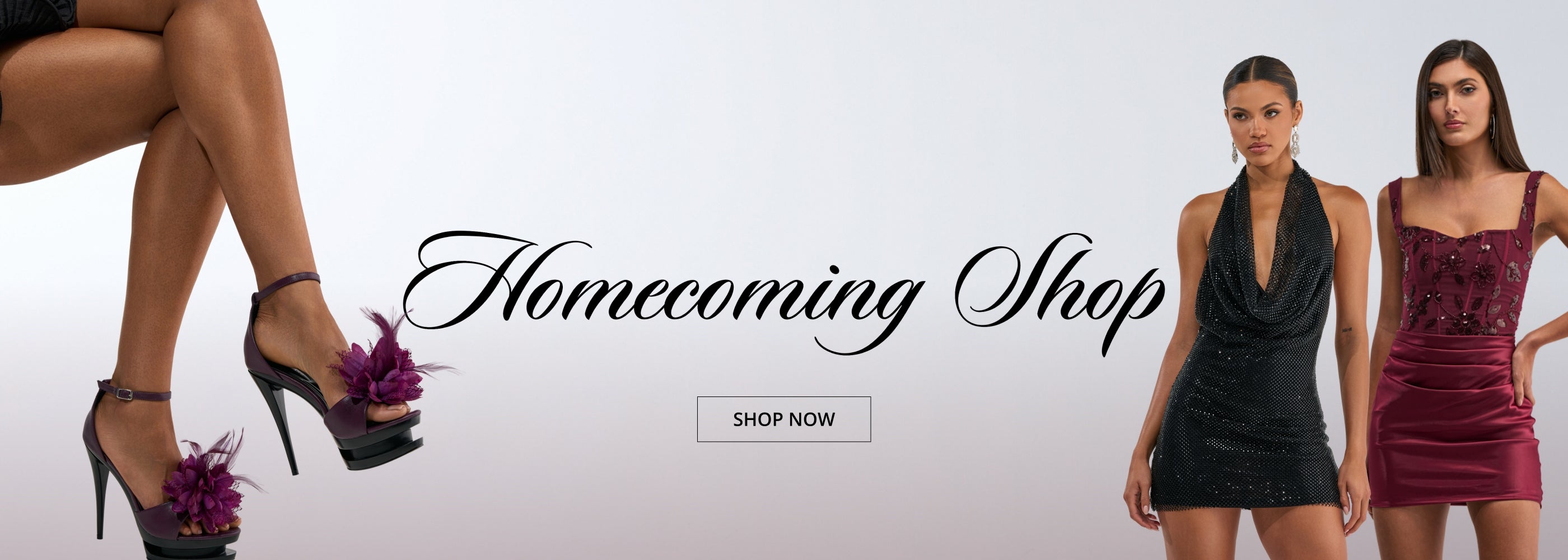 Promotional banner for Homecoming Shop featuring three models wearing black and burgundy mini dresses, with a close-up of a model's legs in black high heels with purple flowers. The text 'Homecoming Shop' is displayed in the center with a 'SHOP NOW' button below.