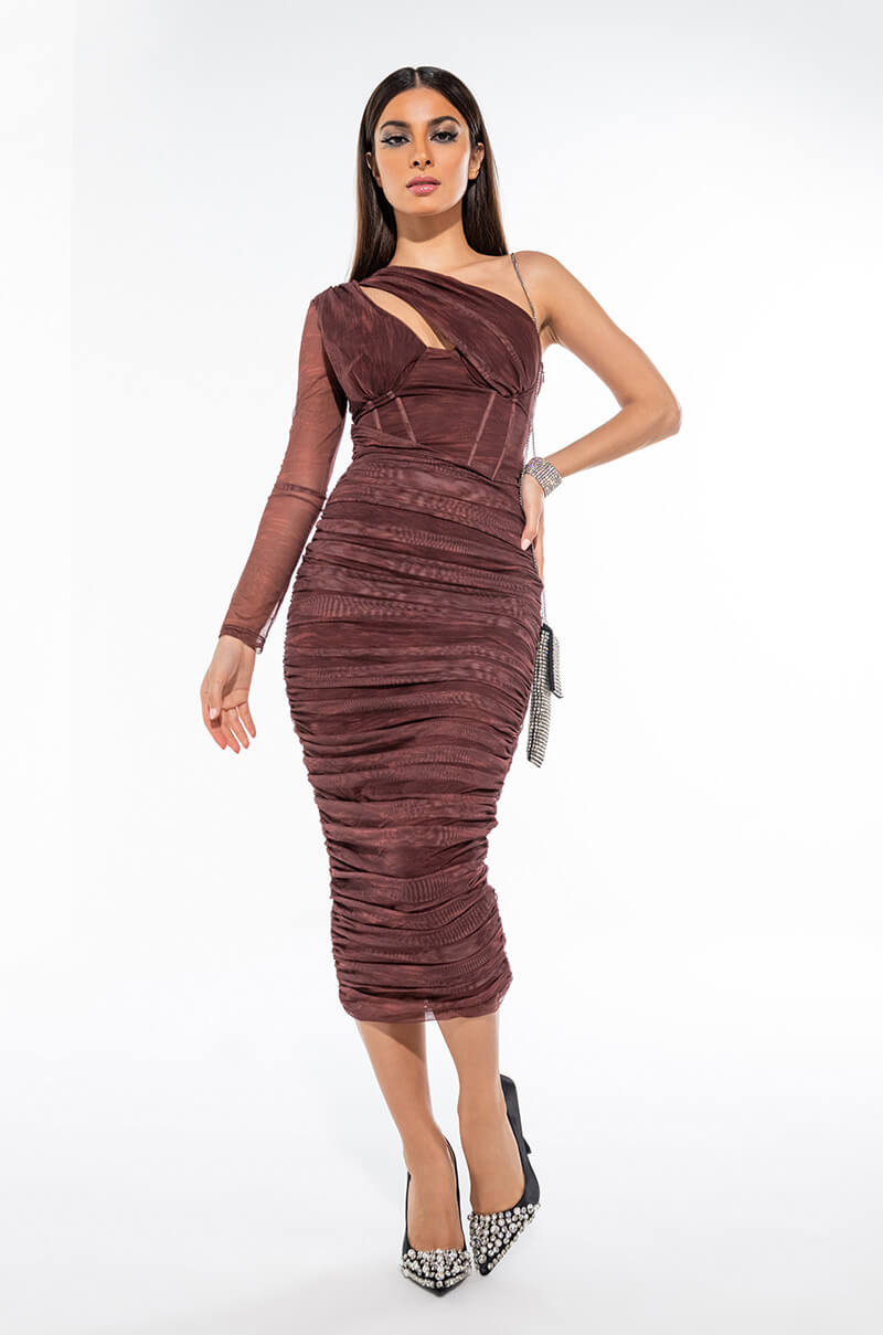 Side View Honey Babe Mesh Ruched Midi Dress
