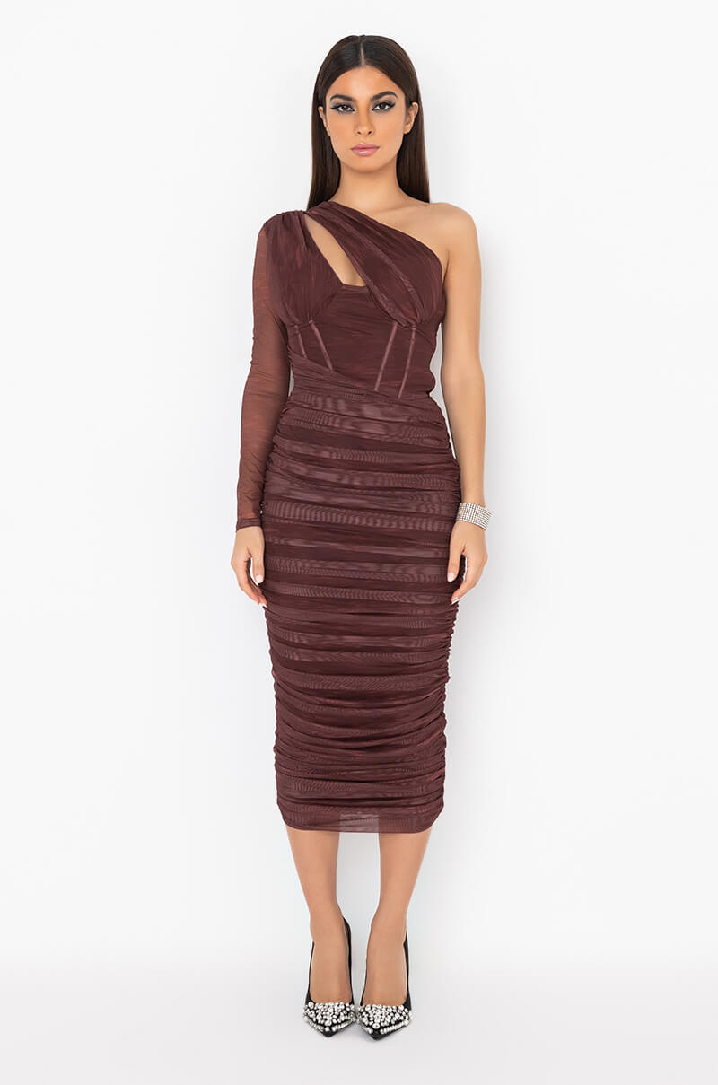 Back View Honey Babe Mesh Ruched Midi Dress