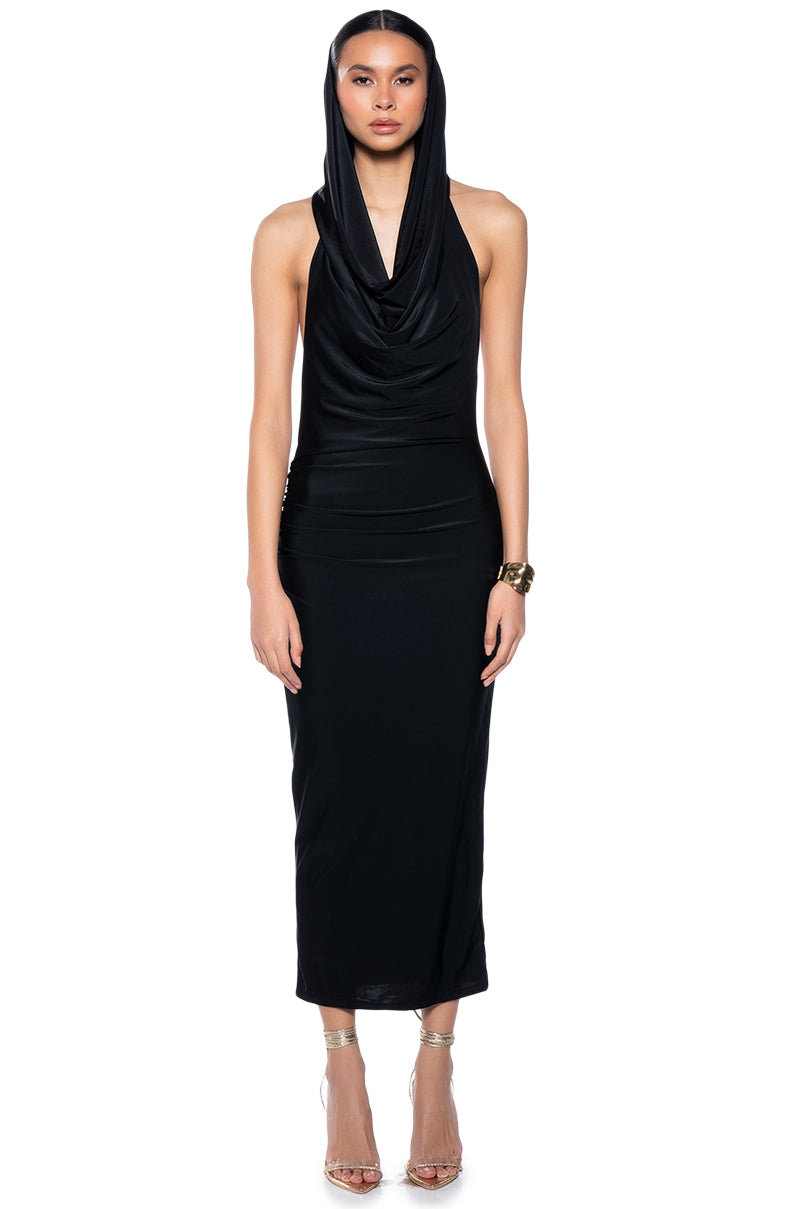 Extra View Hooded Beauty Backless Maxi Dress In Black