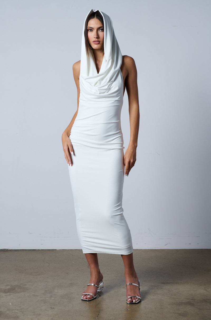 Back View Hooded Beauty Backless Midi Dress In White