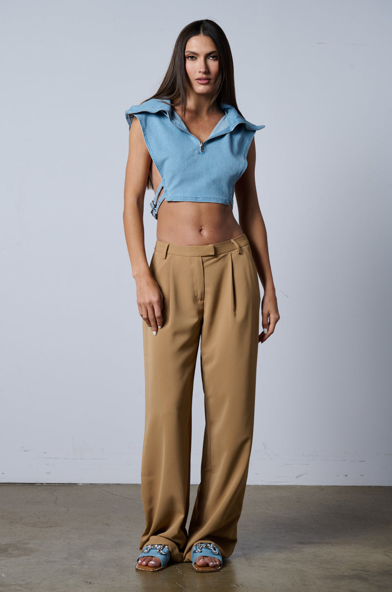 Extra View Hooded Denim Zip Up Cut Out Top