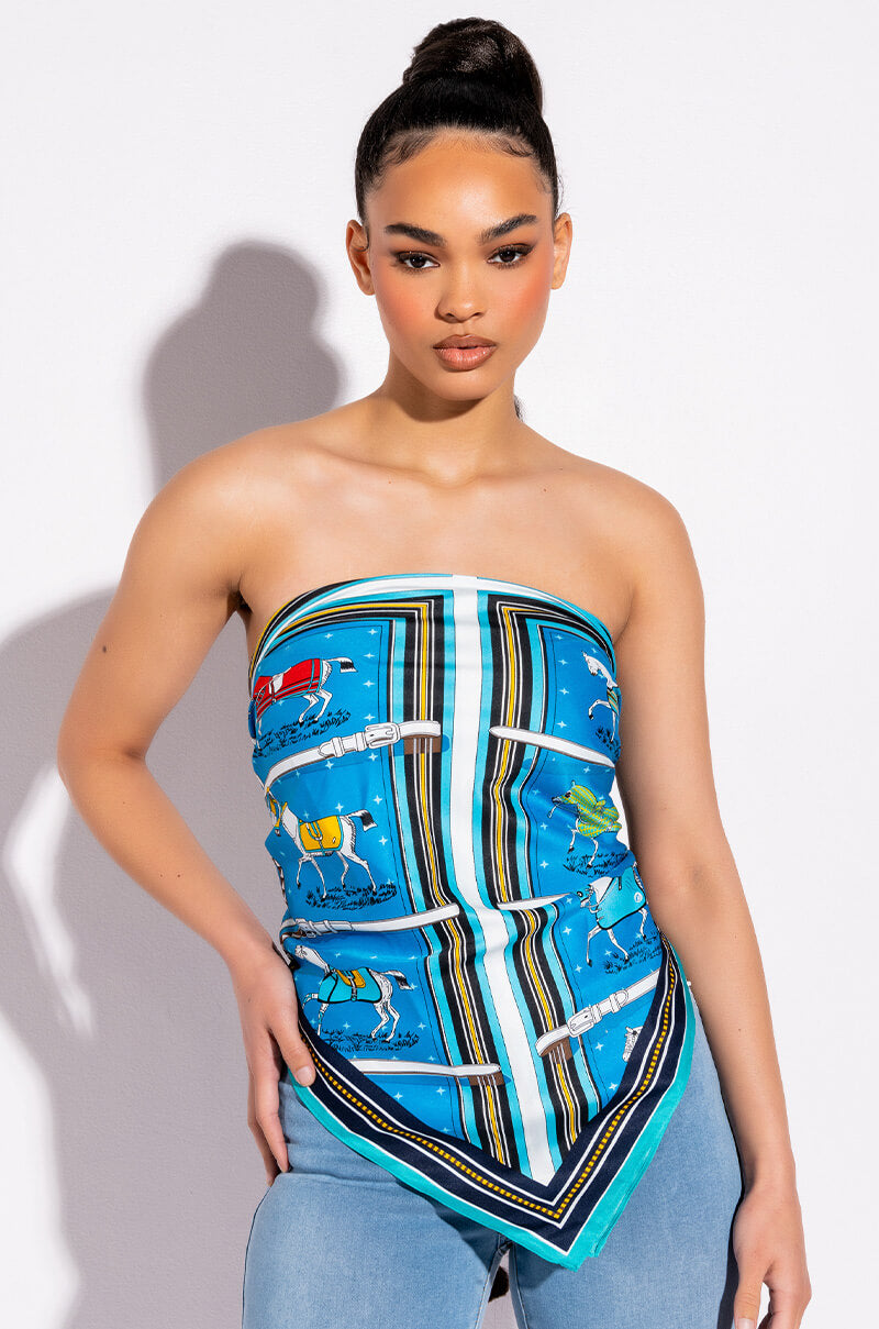Front View Horse Girl Blue Silk Scarf