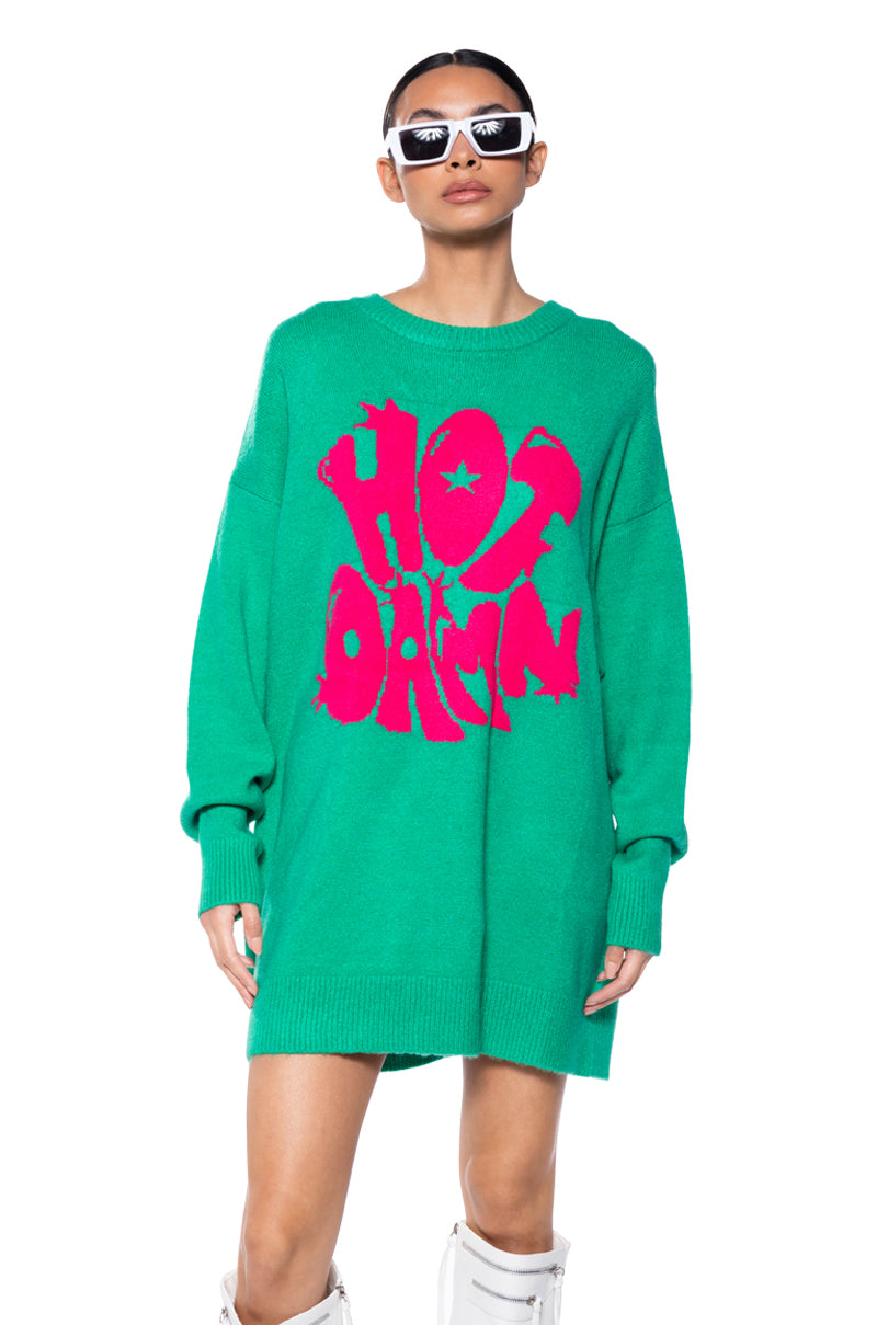Front View Hot Damn Long Sleeve Sweater Dress