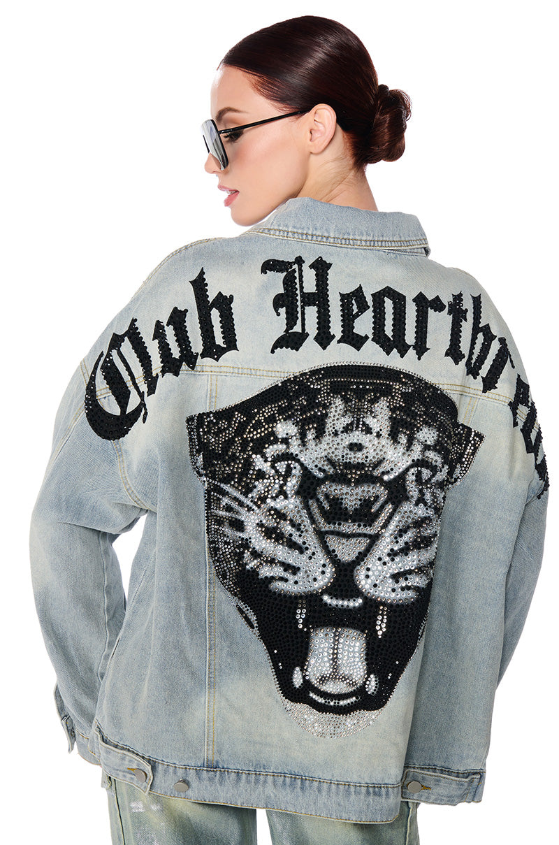 Side View Hot Fix Embellished Oversized Denim Jacket