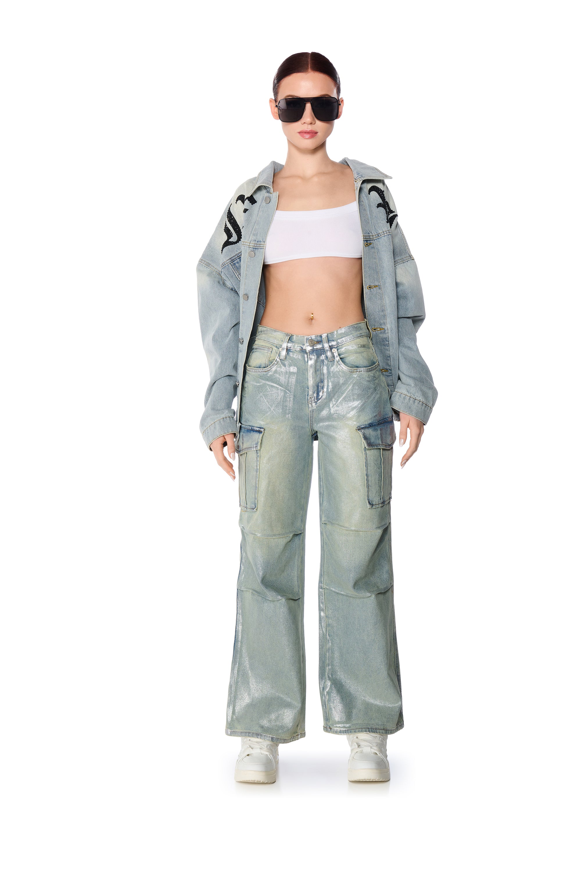 Extra View Hot Fix Embellished Oversized Denim Jacket