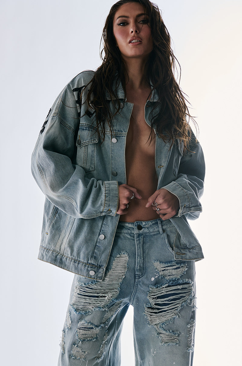 Extra View Hot Fix Embellished Oversized Denim Jacket