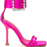 Front View Hot Girl Problems Satin Square Toe Stiletto Sandal In Fuchsia