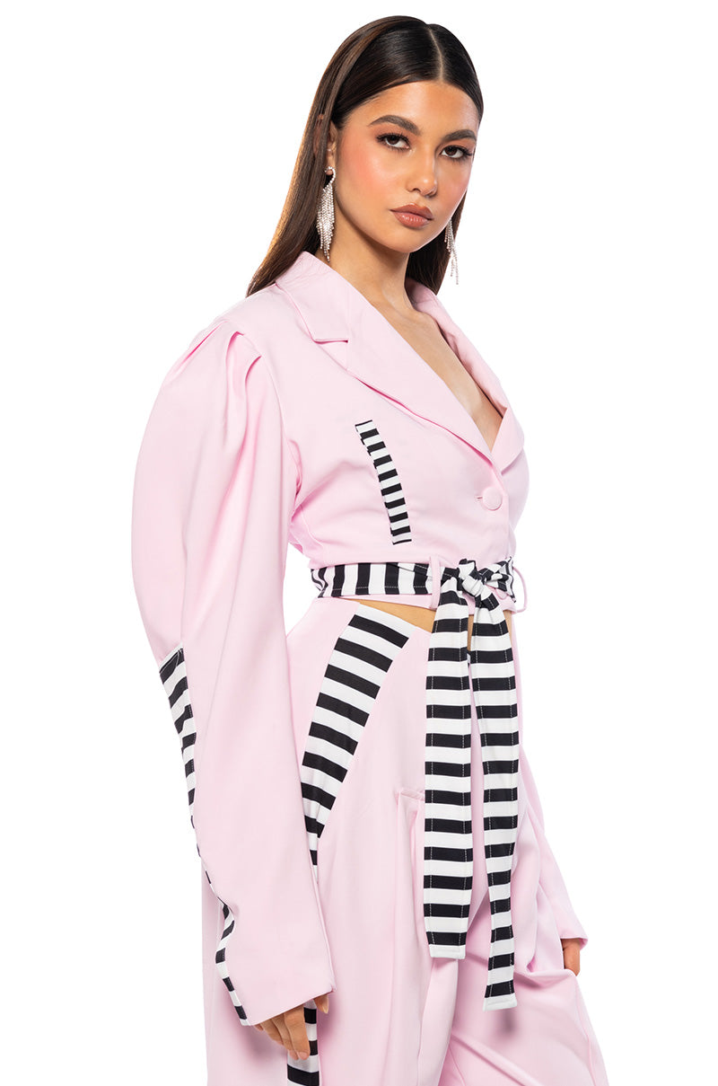 Side View Hot Girl Striped Crop Blazer