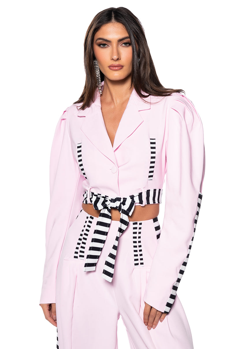 Side View Hot Girl Striped Crop Blazer