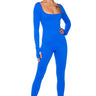 Front View Hot Girl Walk Long Sleeve Catsuit In Blue