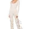 Front View Hot Girl Walk Long Sleeve Catsuit In Cream