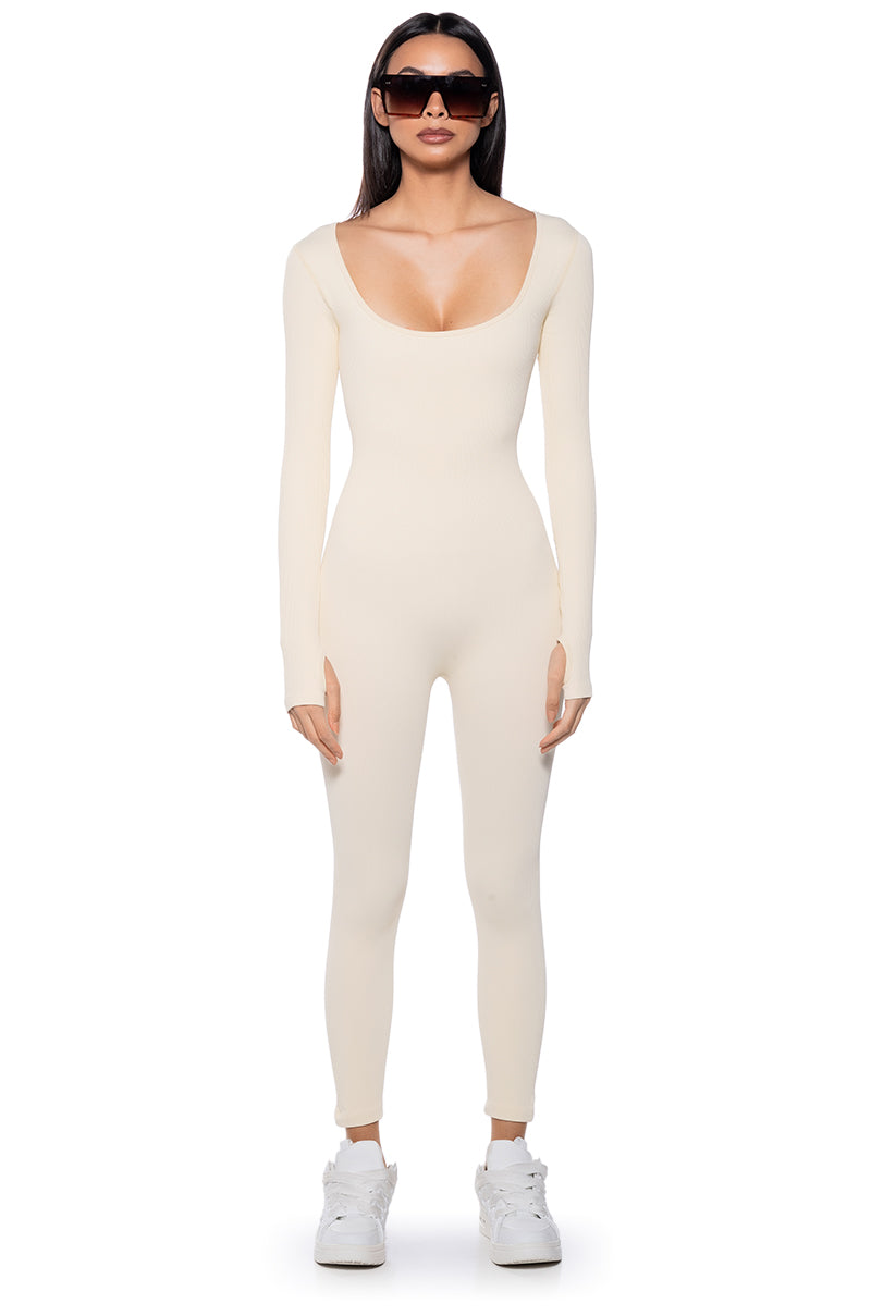 Back View Hot Girl Walk Long Sleeve Catsuit In Cream