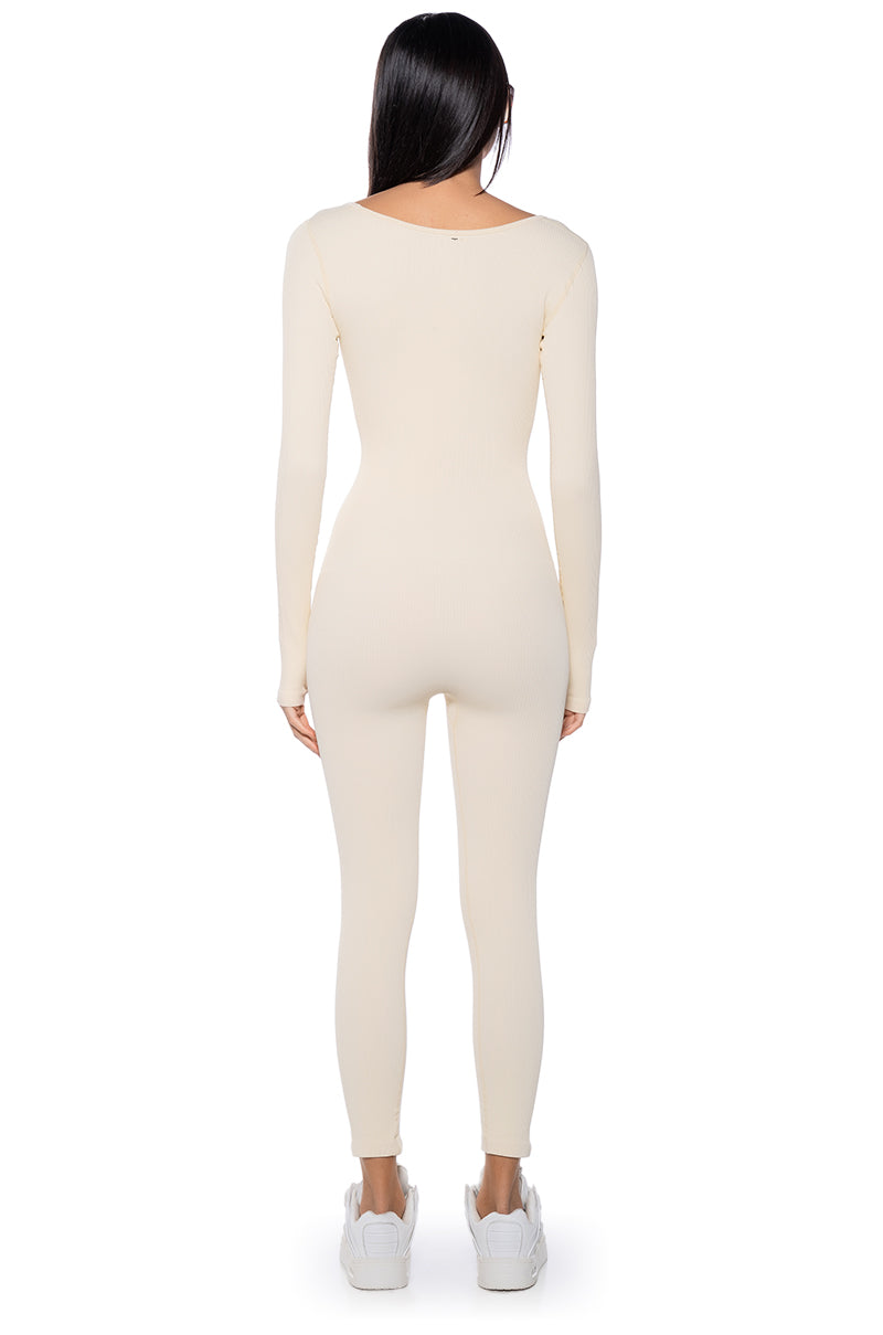 Full View Hot Girl Walk Long Sleeve Catsuit In Cream