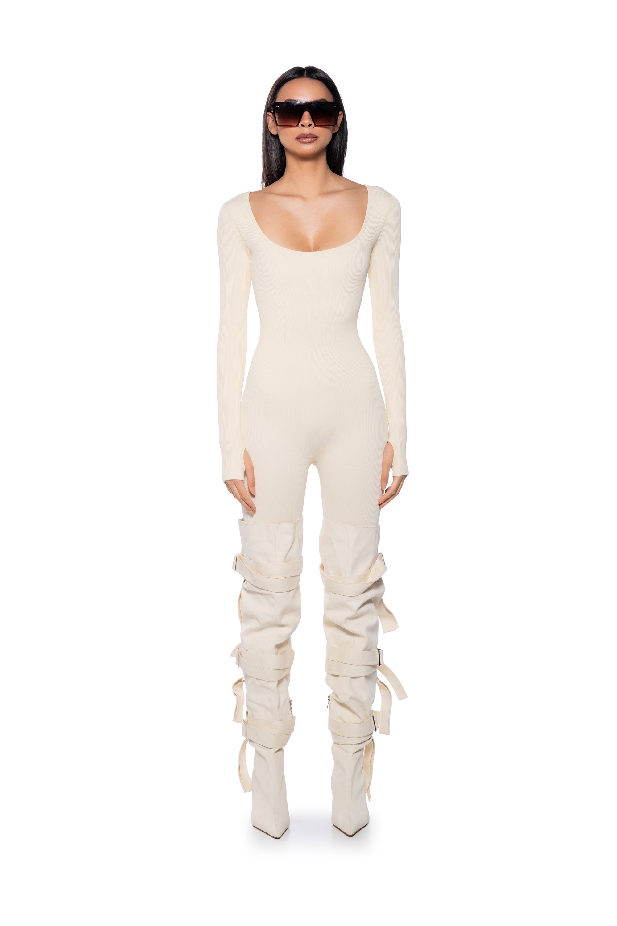 Extra View Hot Girl Walk Long Sleeve Catsuit In Cream