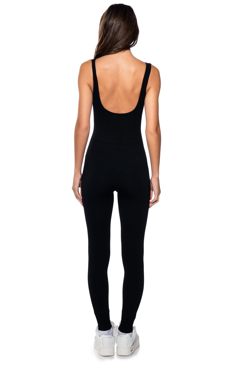 Back View Hot Girl Walk Sleeveless Catsuit In Black