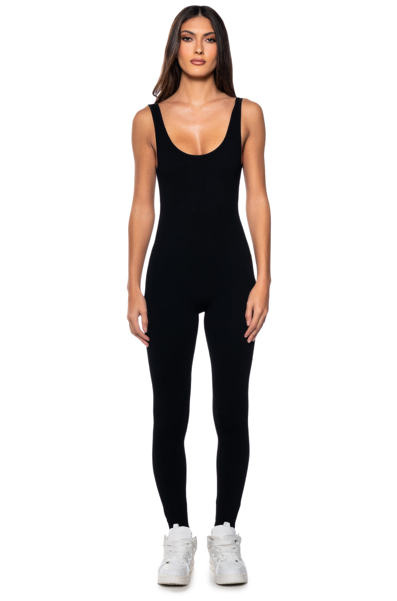 Full View Hot Girl Walk Sleeveless Catsuit In Black