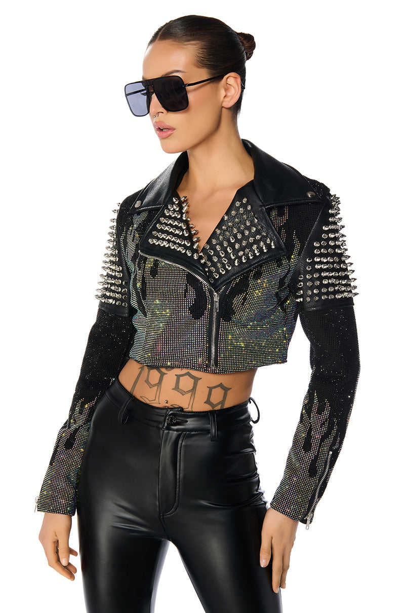 Front View Hotfix Flame Crop Moto Jacket